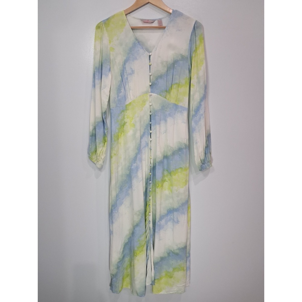 Laurie Felt Womens Tie Dye Button Front Maxi Dress Blue Green Watercolor Size 6